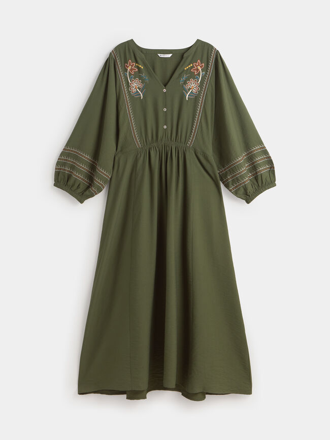 VESTIDO LARGO BORDADOS verde militar