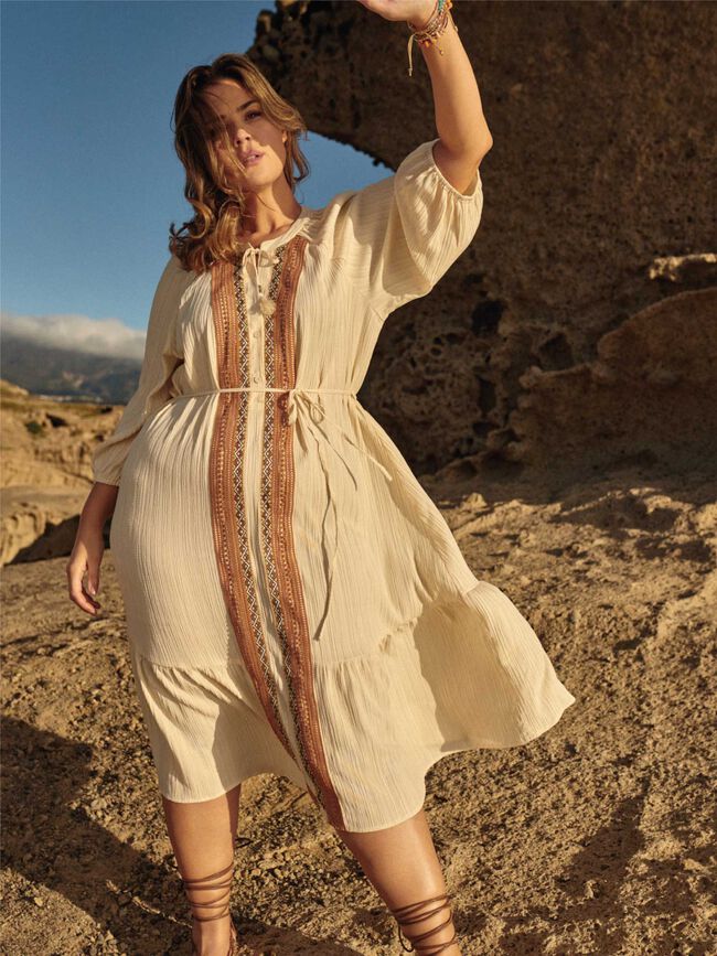 Vestido étnico pompon Crudo