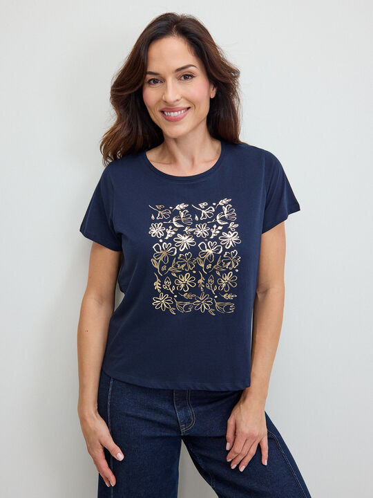 CAMISETA FLORES BRILLANTES Azul Marino image number null