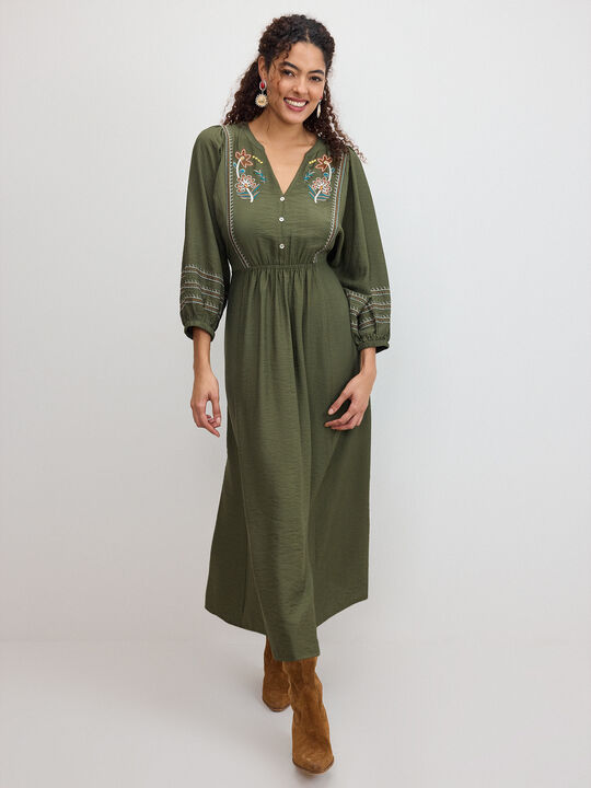 VESTIDO LARGO BORDADOS verde militar image number null