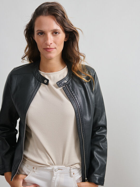 CAZADORA EFECTO PIEL CUELLO MAO Negro image number null
