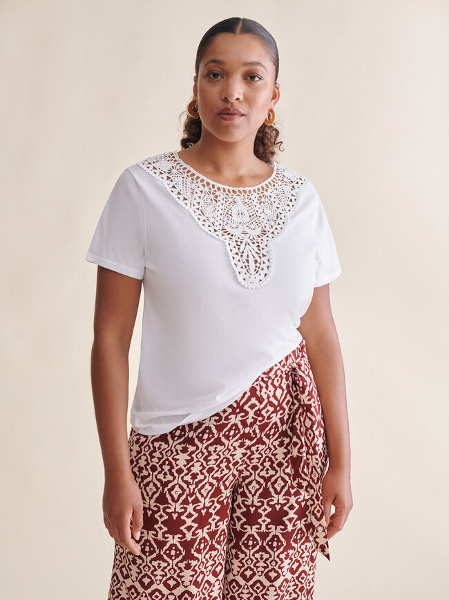 Camiseta cuello crochet 100% algodón Blanco Optico