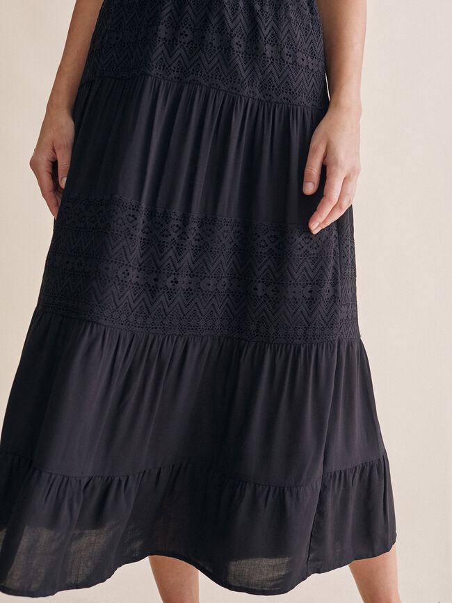 Falda midi detalles encaje Negro