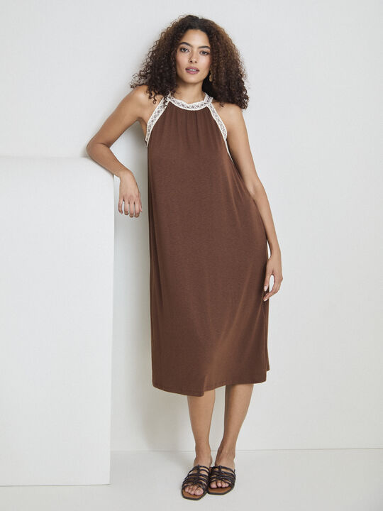 VESTIDO FLAM&Eacute; FORNITURA CUELLO Marron image number null