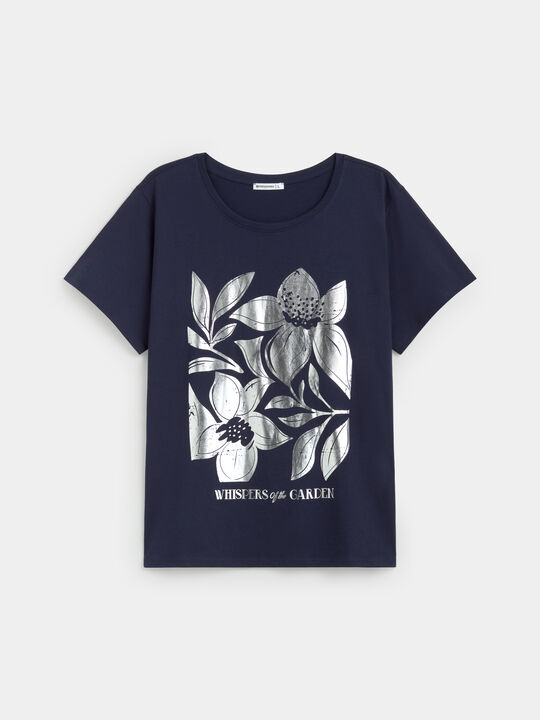 CAMISETA FLORES PLATEADAS Azul Marino image number null