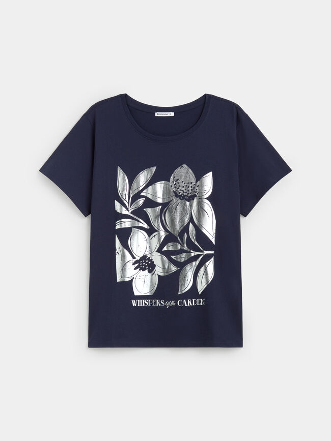 CAMISETA FLORES PLATEADAS Azul Marino