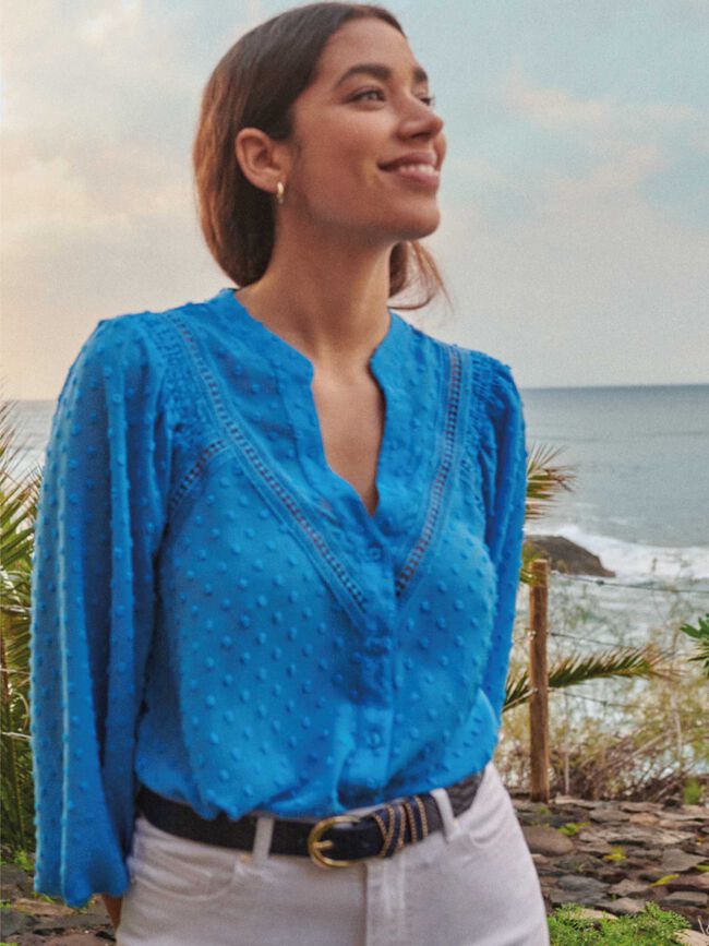 Blusa romántica plumeti raglán Azul Brillante