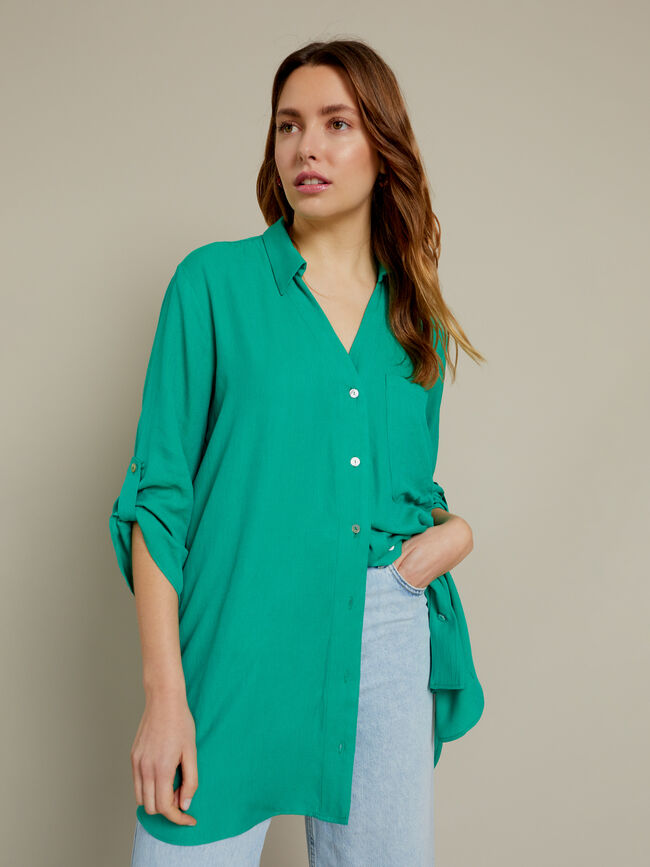 Camisa larga botones en mangas Verde Brillante