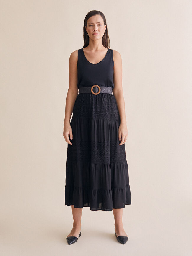 Falda midi detalles encaje Negro