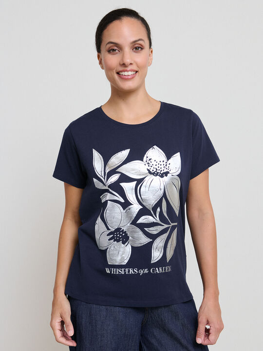 CAMISETA FLORES PLATEADAS Azul Marino image number null