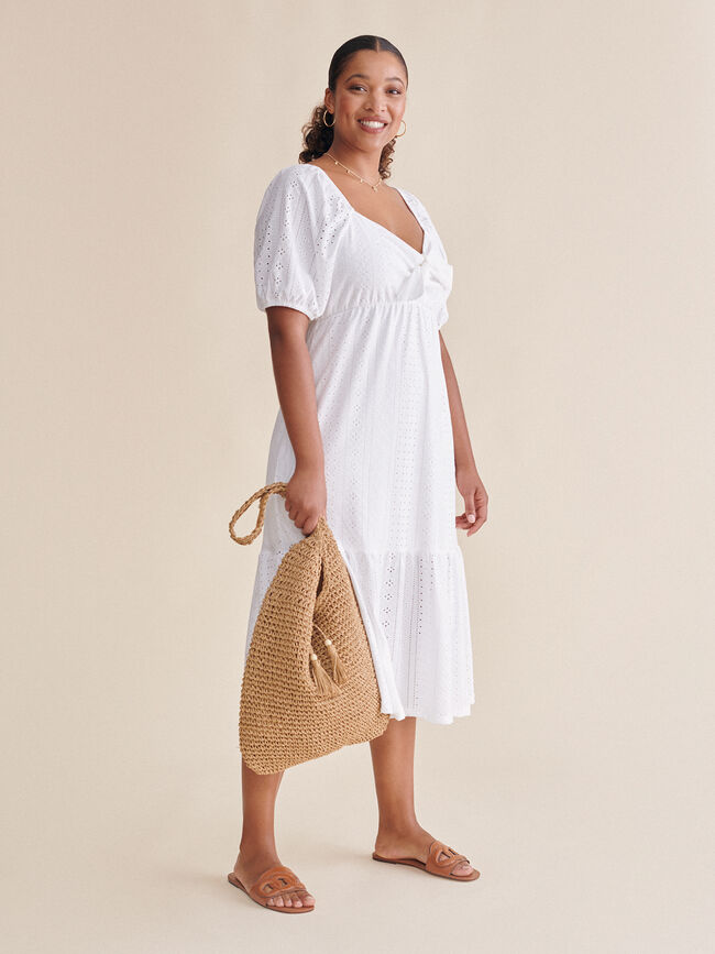 Vestido calados manga corta abullonada Blanco Optico