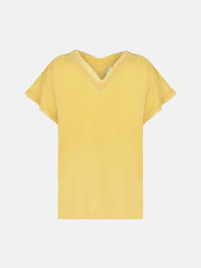 Camiseta cuello pico 100% algodón Mostaza