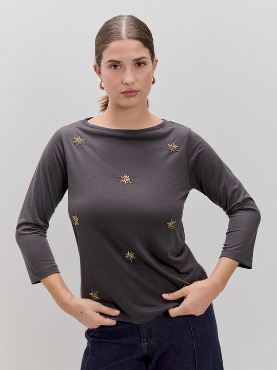 CAMISETA BORDADA ESTRELLAS Gris Oscuro image number null