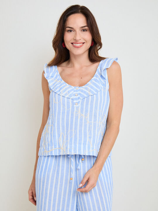 BLUSA RAYAS Y BORDADOS Azul Sky image number null