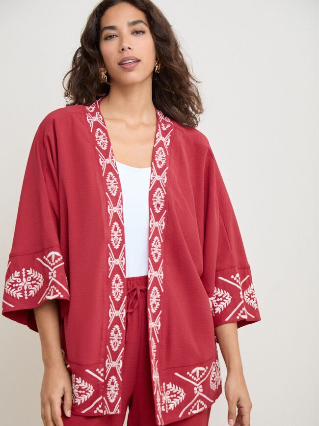 KIMONO FLUIDO BORDADO Rojo Cabaret