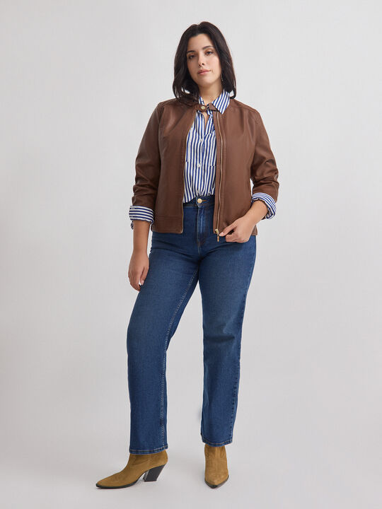 CAZADORA EFECTO PIEL CUELLO MAO Marron Oscuro image number null