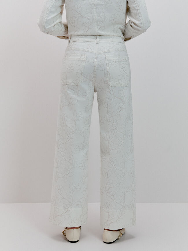 PANTALON ANCHO BORDADO Blanco Hueso