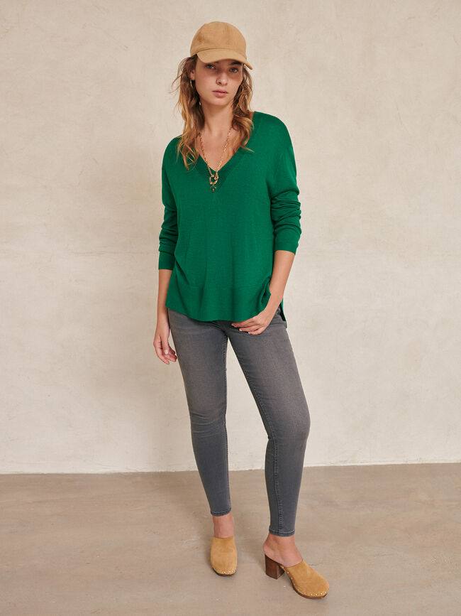 Jersey nervio cuello pico Verde Brillante