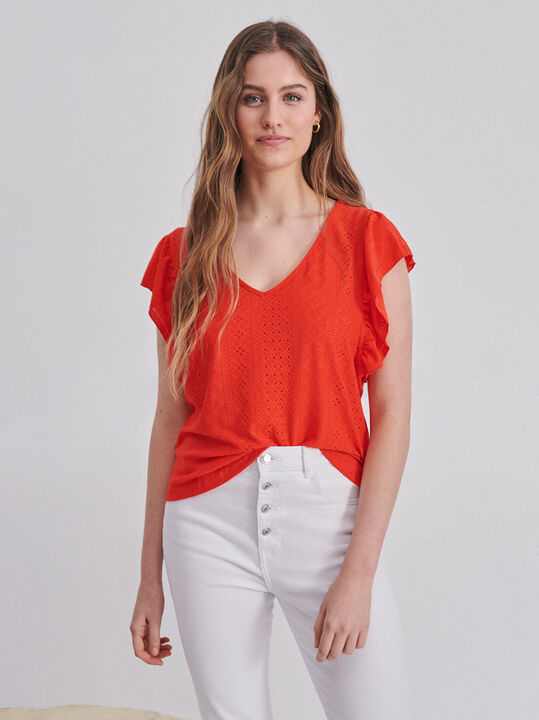 CAMISETA CUELLO PICO naranja coral image number null