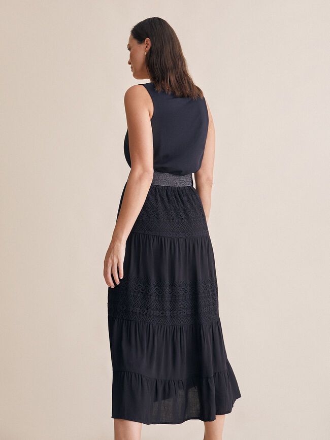Falda midi detalles encaje Negro