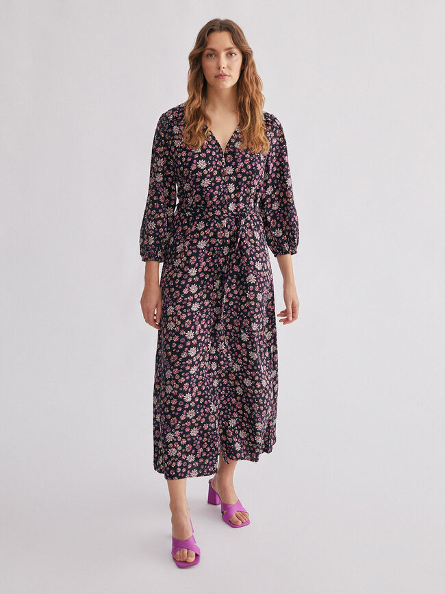 Vestido midi camisero estampado rosa frambuesa
