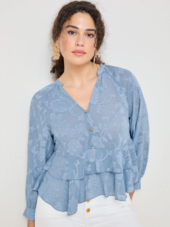 BLUSA SATINADA VOLANTES Azul Chambray