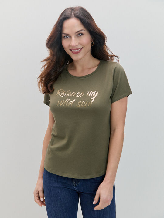 CAMISETA LETRAS DORADAS kaki oscuro image number null