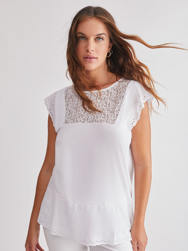 Camiseta tul y bordados 100% algodón Blanco Optico