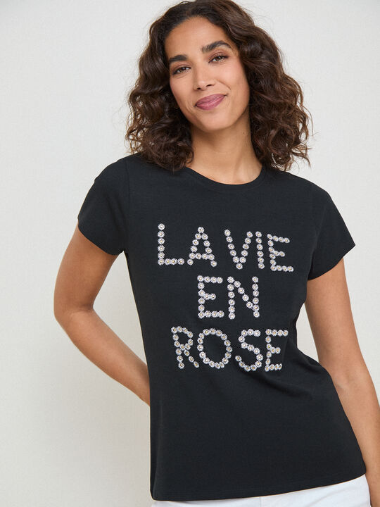CAMISETA MARGARITAS BORDADAS Negro image number null