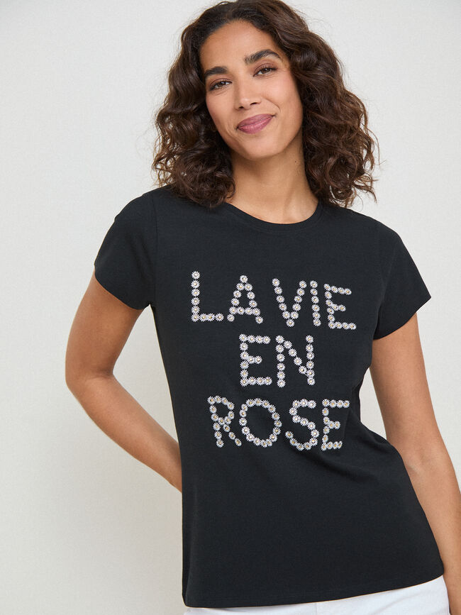 CAMISETA MARGARITAS BORDADAS Negro