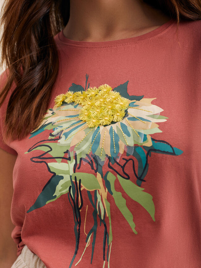 Camiseta entredós y detalle flor NARANJA QUEMADO