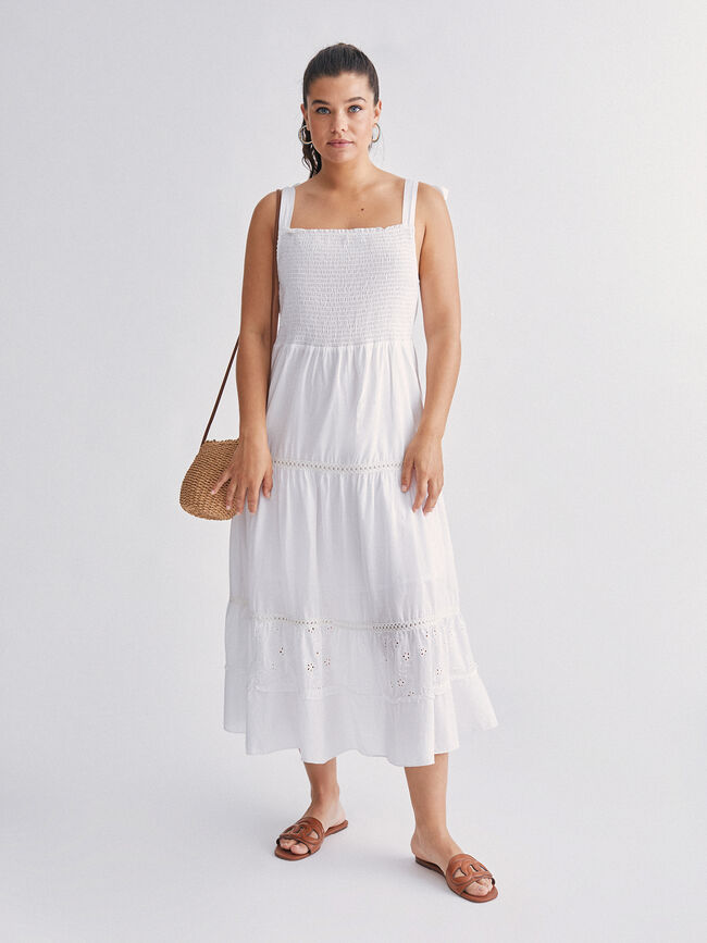 Vestido largo con bordados 100% algodón Blanco Optico