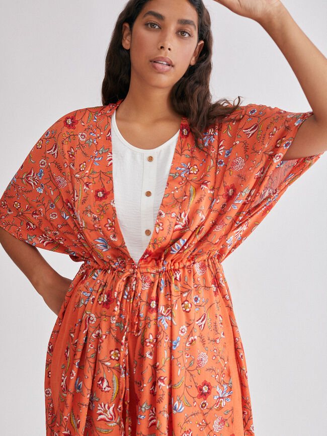 Caftán largo jacquard estampado Naranja quemado