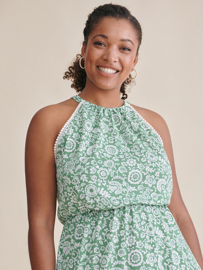Vestido estampado cuello halter Verde Brillante
