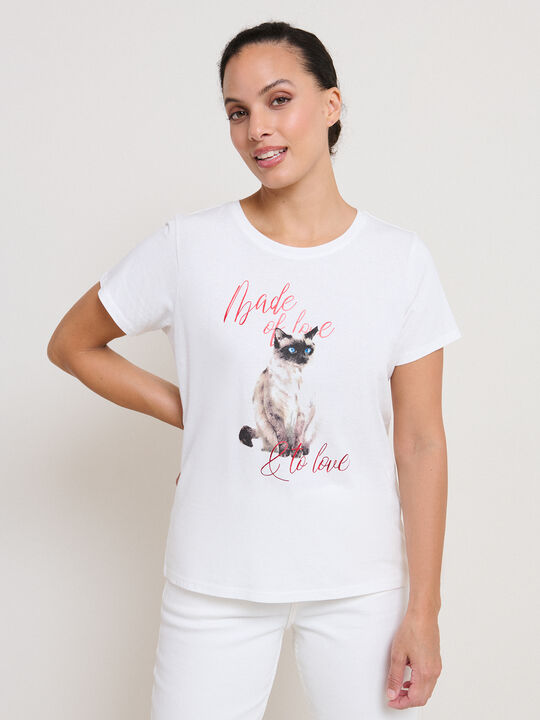 CAMISETA GATO ACUARELA Blanco Hueso image number null