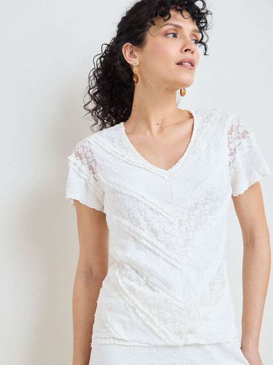 CAMISETA BLONDA ESCOTE PICO MGA VOLANTE Blanco Hueso image number null