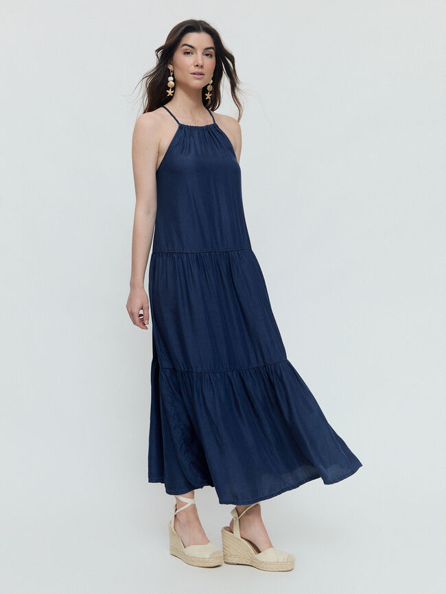 VESTIDO LARGO VOLANTES Azul Marino