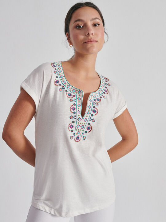 Camiseta algodón bordados Blanco Hueso image number null