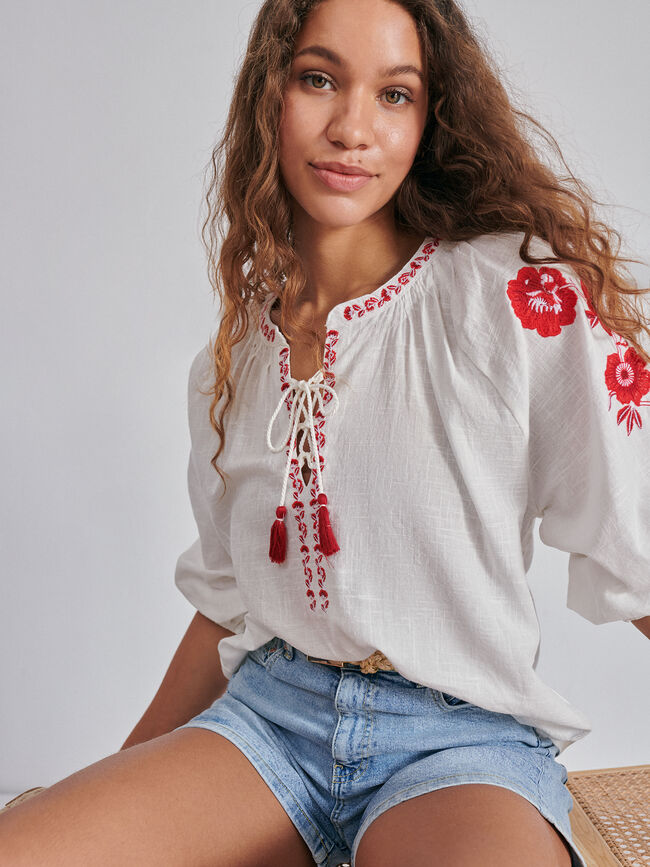 Blusa bordada algodón Blanco Hueso