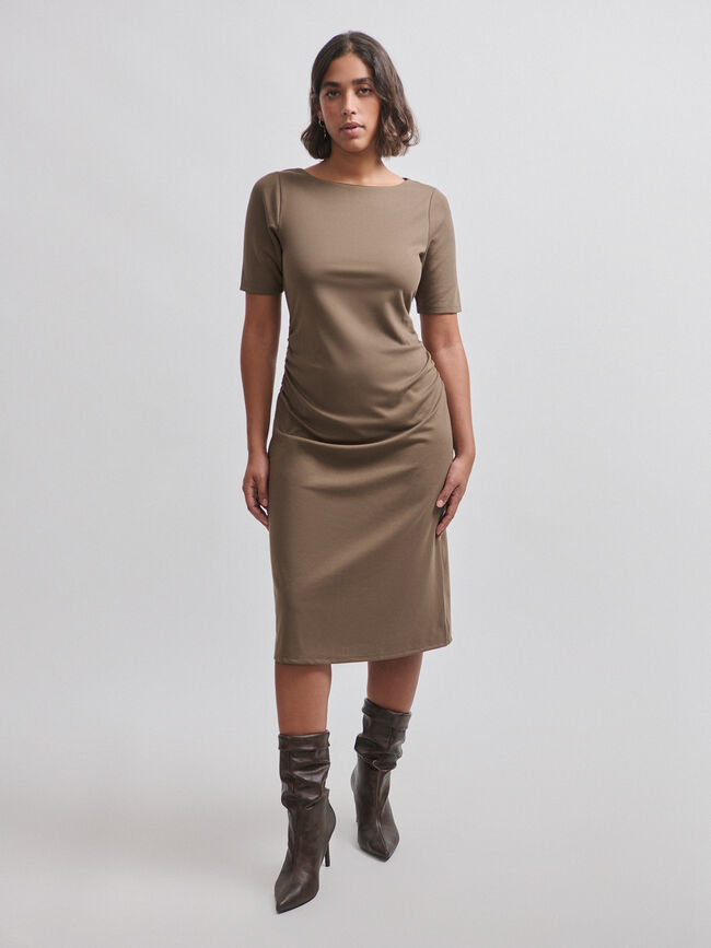 VESTIDO MIDI FRUNCIDO Kaki