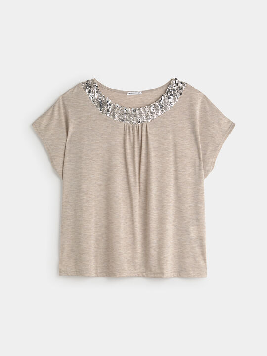 CAMISETA COMBINADA DETALLE LENTEJUELAS Arena image number null