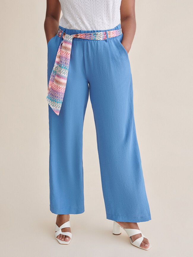 Pantalon fluido con cinturón estampado Azul Ceruleo