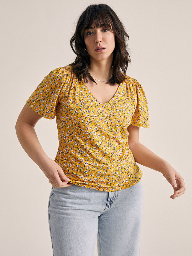camiseta estampado floral 100% algodón Mostaza