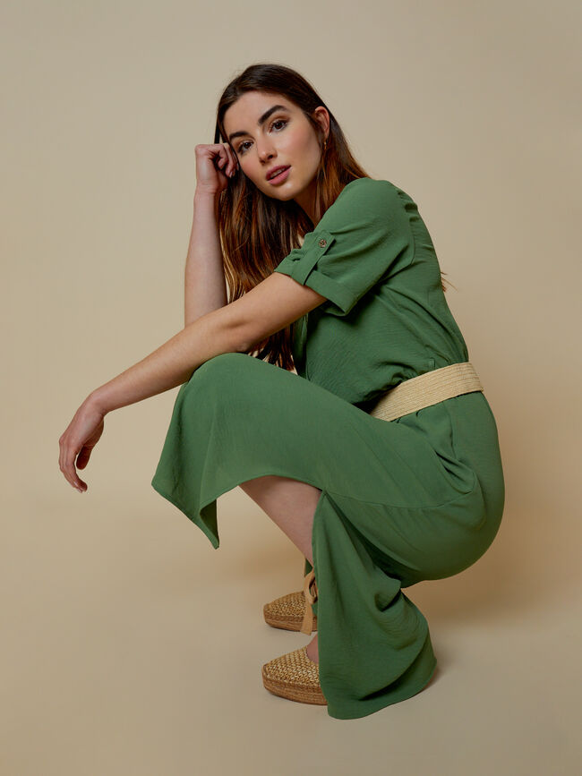 Vestido abotonado con cinturón Verde Viridian
