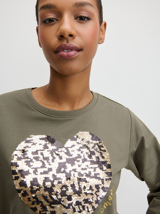SUDADERA CORAZ&Oacute;N LENTEJUELAS Kaki