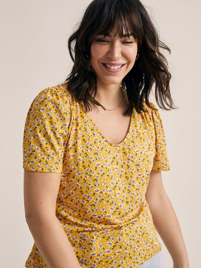 camiseta estampado floral 100% algodón Mostaza