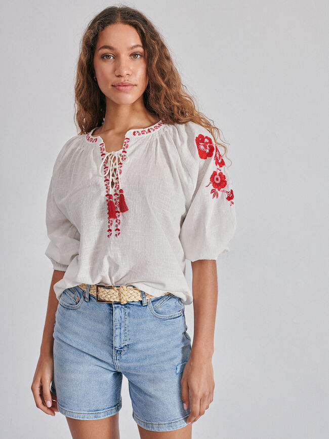 Blusa bordada algodón Blanco Hueso