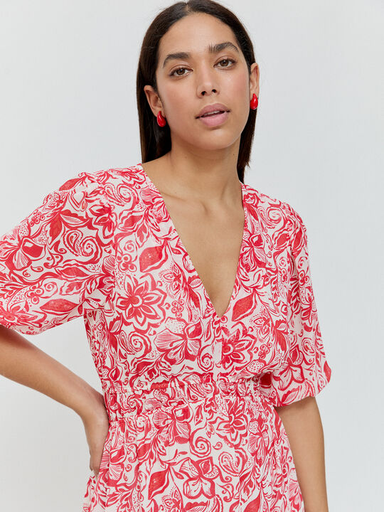 VESTIDO CUELLO PICO Rojo Oscuro image number null