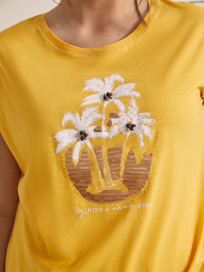 Camiseta estampado tropical Mostaza