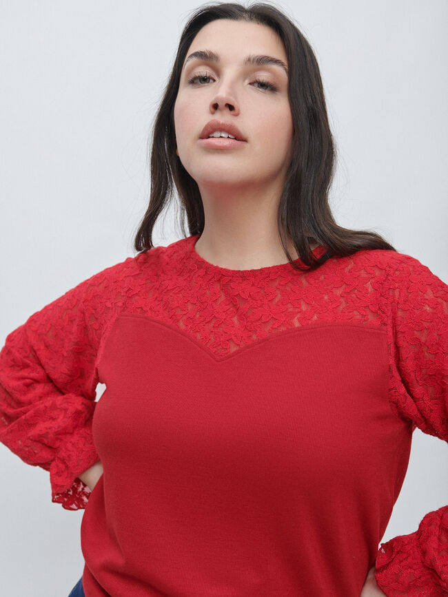 CAMISETA COMBINADA ENCAJE Rojo Oscuro